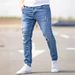 Men's Slim Fit Stretch Jeans - British Style Washed Denim, Mid-Rise With Zip Detail (Light Blue/Black/Gray, S-2XL)_mkmklike.com