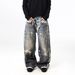 Men's Clothing Men's Style Distressed 3D Printed Faux Leather Two-Piece Set Baggy Street Style Trendy Loose Wide Leg Pants_mkmklike.com