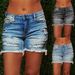 Women's Clothing Stretch Denim Shorts With Distressed Hem & Fringe - High Waist Ripped Bermuda Shorts (S-3XL)_mkmklike.com