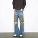 Hand-Painted American Style Straight-Leg Jeans For Men - Vintage Washed Denim Pants With Flared Hem, Comfortable Cotton Blend Fabric_mkmklike.com