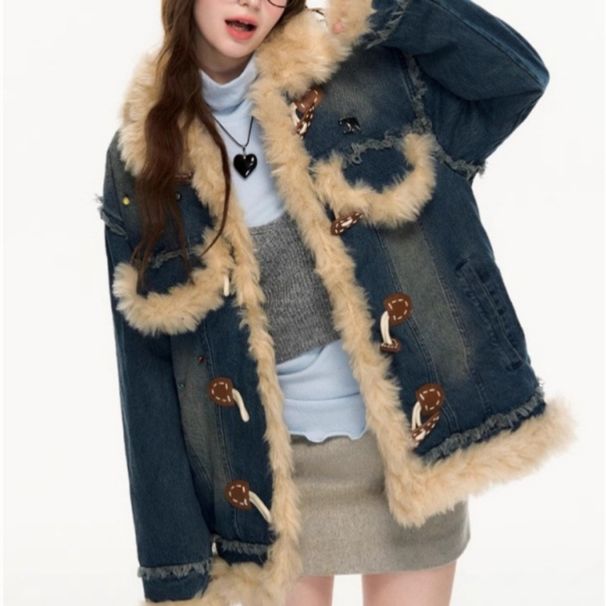 Distressed Denim & Faux Shearling Coat – Oversized Hooded Jacket With Horn Buttons (S-XL)_mkmklike.com