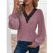 Women's Clothing Autumn and Winter New Solid Color Long Sleeve Lace V neck T shirt Women's Tops_mkmklike.com