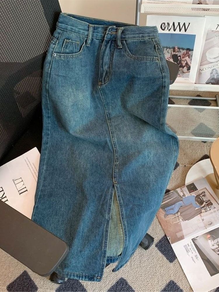 K High Waisted Split Denim Skirt, Thin A-line Skirt, Slimming Mid Length Skirt, Hip Hugging Skirt_mkmklike.com
