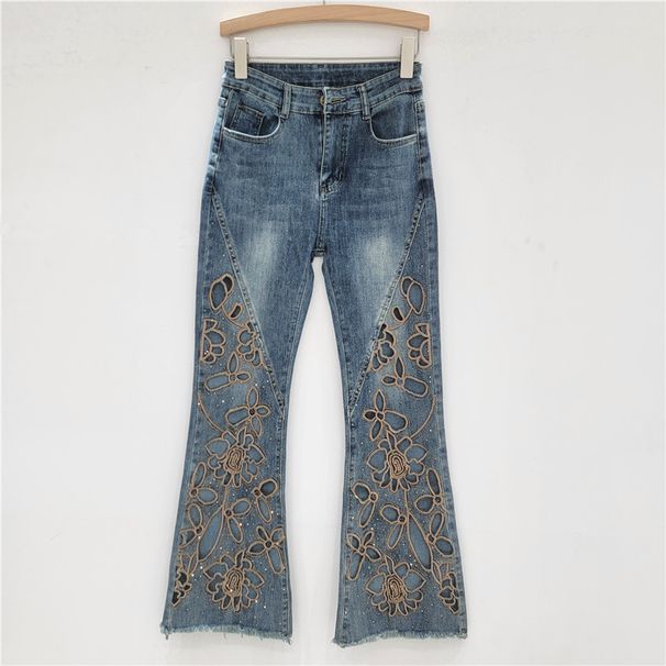Women's Flared Nine-Point Jeans – Heavy Diamond Hollow Embroidery & Slim Fit (S-XXXL, Bluish)_mkmklike.com