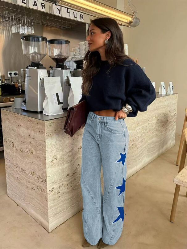 Fashion Casual Star Print Loose Straight Leg Denim Jeans For Women_mkmklike.com