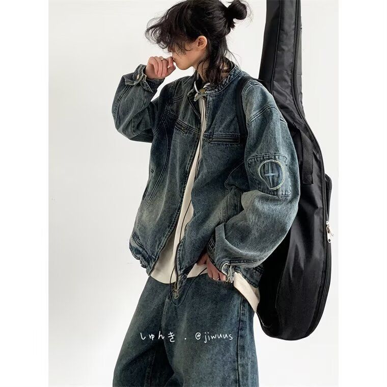 American Vintage Washed Denim For Men, Loose Versatile On The Streets, Cool And Casual Motorcycle Style Workwear, Stand_mkmklike.com