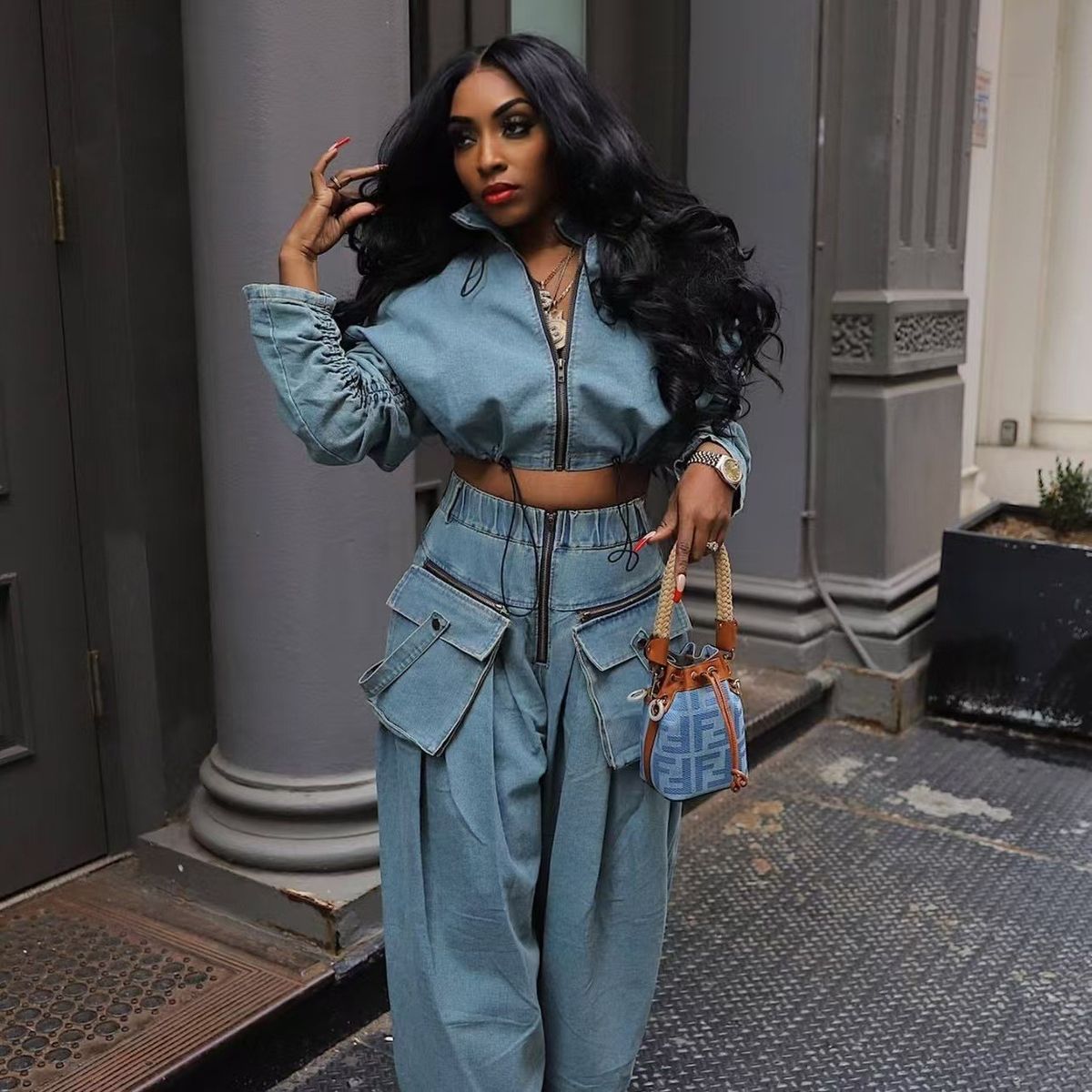 Women's Retro Heavy Duty Denim Two Piece Set Wide Leg Loose Fit European And American Fashion Cross Border E-commerce_mkmklike.com