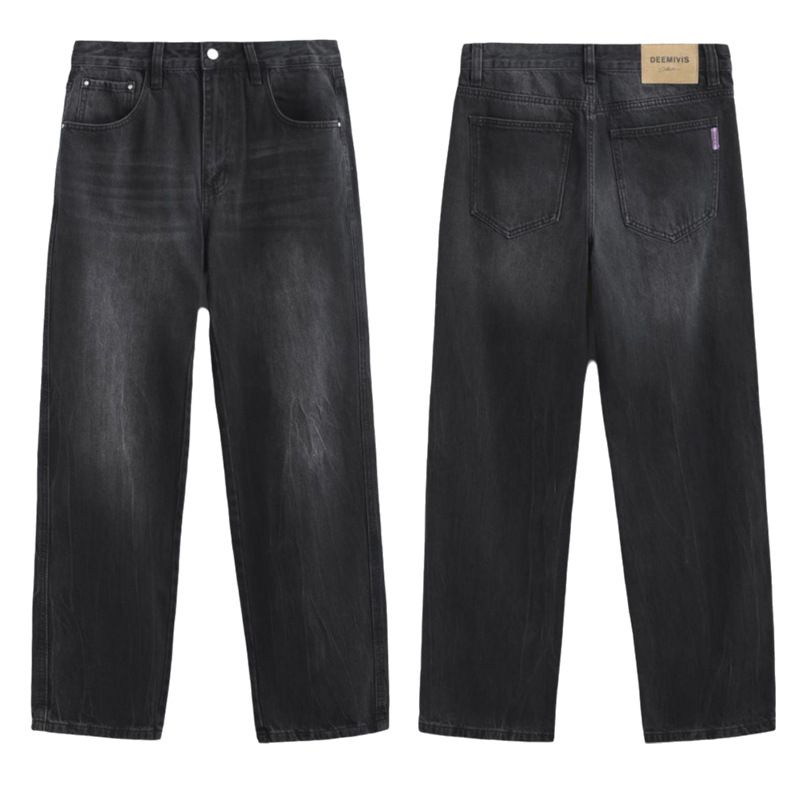 Men's High Street Vintage Washed Lightning Jeans - Clean Fit Loose Straight Denim Pants, Retro Distressed Style (28-40)_mkmklike.com