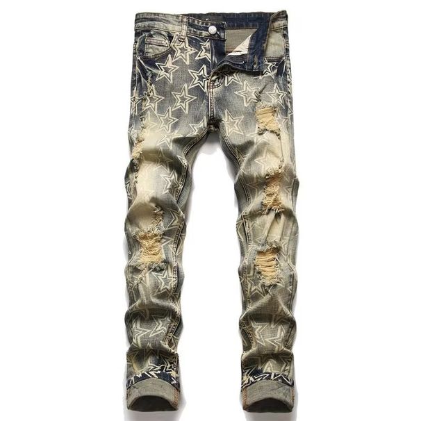 Pulse Skinny Retro Star Print Jeans Men Slim Fit European And American Style Distressed Casual Pants_mkmklike.com