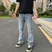 "Ice Blue Marble Wash Distressed Flared Jeans For Men – Vintage Snowflake Pattern & Comfort Fit, Versatile Casual & Commuting Trousers_mkmklike.com