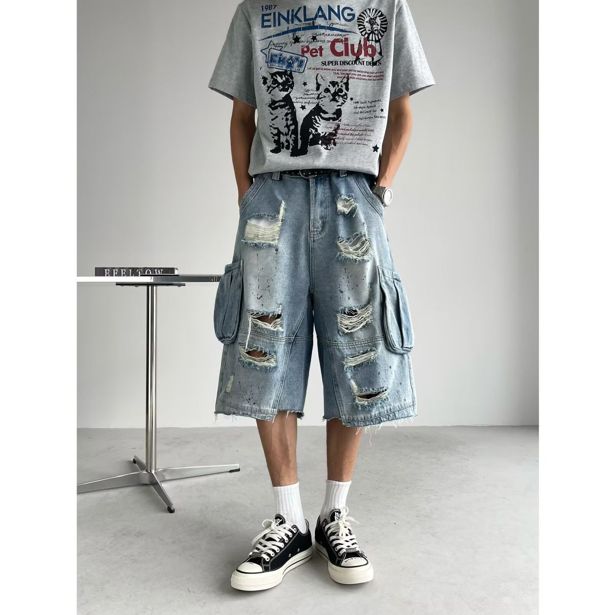 Men's Trendy Ripped Denim Shorts Loose Fit Versatile Large Pockets Straight Leg Summer Casual Cargo Shorts_mkmklike.com