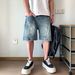 Unisex Retro Heavyweight Washed Denim Shorts Patchwork Design Slimming Casual Wide Leg Capri Pants_mkmklike.com