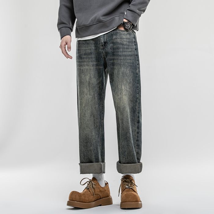 American Retro Spring Jeans, Men's Straight Harlan Loose Trendy Brand Washed Double Craft Middle Waist Youth Large Size_mkmklike.com