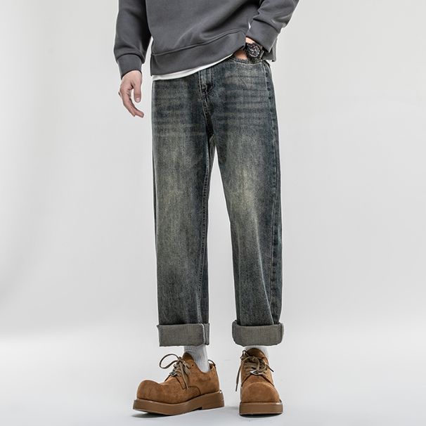 American Retro Spring Jeans, Men's Straight Harlan Loose Trendy Brand Washed Double Craft Middle Waist Youth Large Size_mkmklike.com