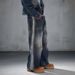 Men's Washed Blue Relaxed Straight Leg Jeans - Vintage Style Distressed Denim Pants For Casual & Streetwear_mkmklike.com