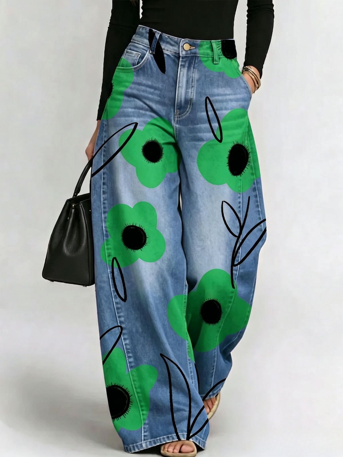 Women's Loose Fit Printed Denim Jeans Comfortable Wide Leg Trousers For Casual Wear_mkmklike.com