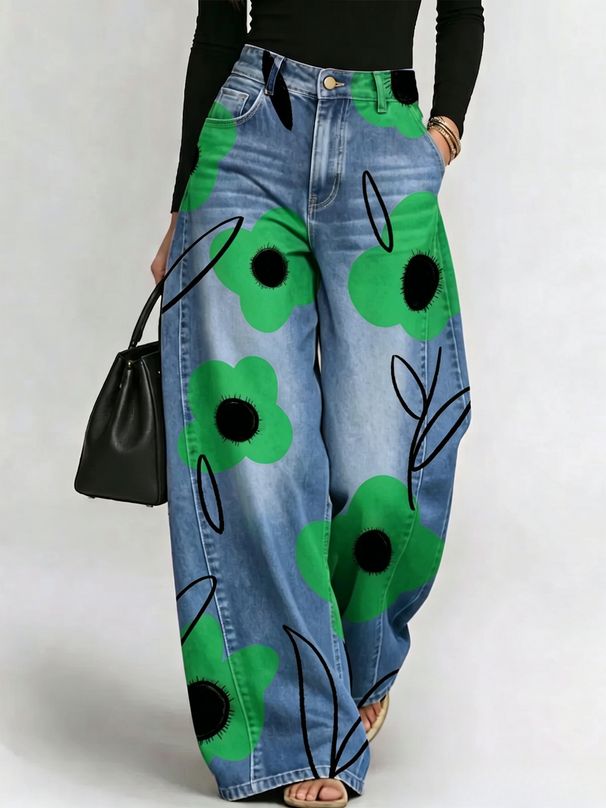 Women's Loose Fit Printed Denim Jeans Comfortable Wide Leg Trousers For Casual Wear_mkmklike.com