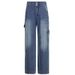 Women's Distressed Denim Jeans – Patchwork Design, Straight Leg, Medium Wash, Casual & Stylish_mkmklike.com