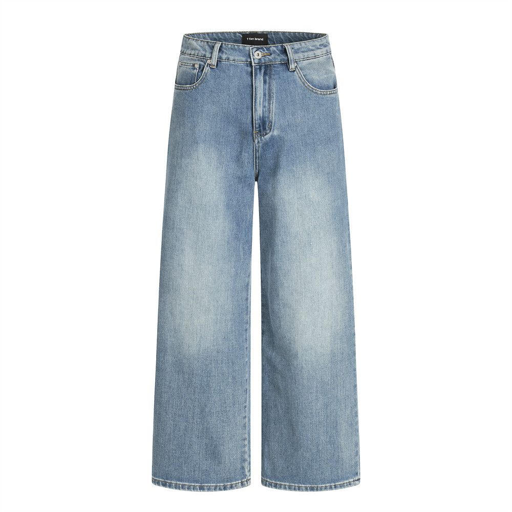 American Street Style Washed White Casual Denim Men's Dad Basic Versatile Loose Wide-Leg Straight Pants_mkmklike.com