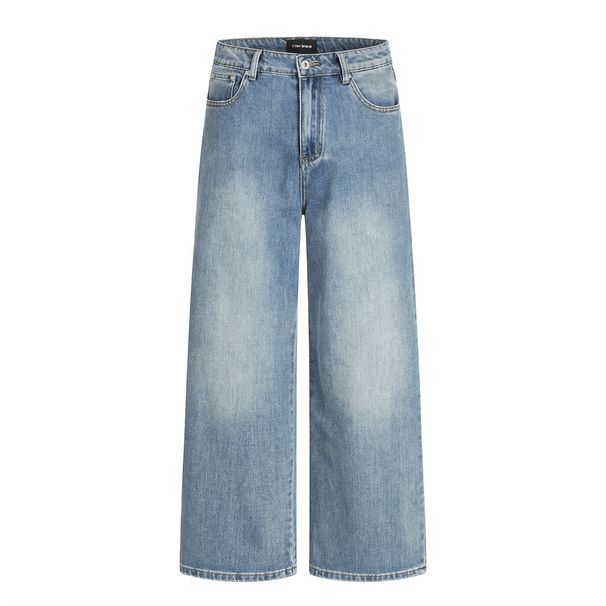American Street Style Washed White Casual Denim Men's Dad Basic Versatile Loose Wide-Leg Straight Pants_mkmklike.com
