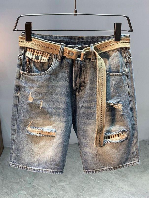 Vintage Distressed Denim Shorts For Men - Relaxed Fit Patchwork Cargo Shorts With Ripped Details, Light Blue_mkmklike.com