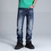 Men's Relaxed Fit Vintage Washed Denim Jeans - Dark Blue With White Fading, Cotton Comfort, Straight Leg Casual Trousers_mkmklike.com