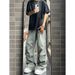 American Washed Workwear Jeans Men's Spliced Pleated Straight Wide Leg Trendy High Street Ruff Handsome Long Pants_mkmklike.com