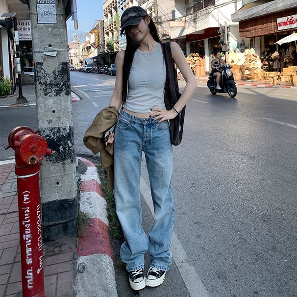 Light Blue Women's Straight Leg Jeans Low Waisted Slimming Long Legged Autumn Style Retro Sexy Denim_mkmklike.com