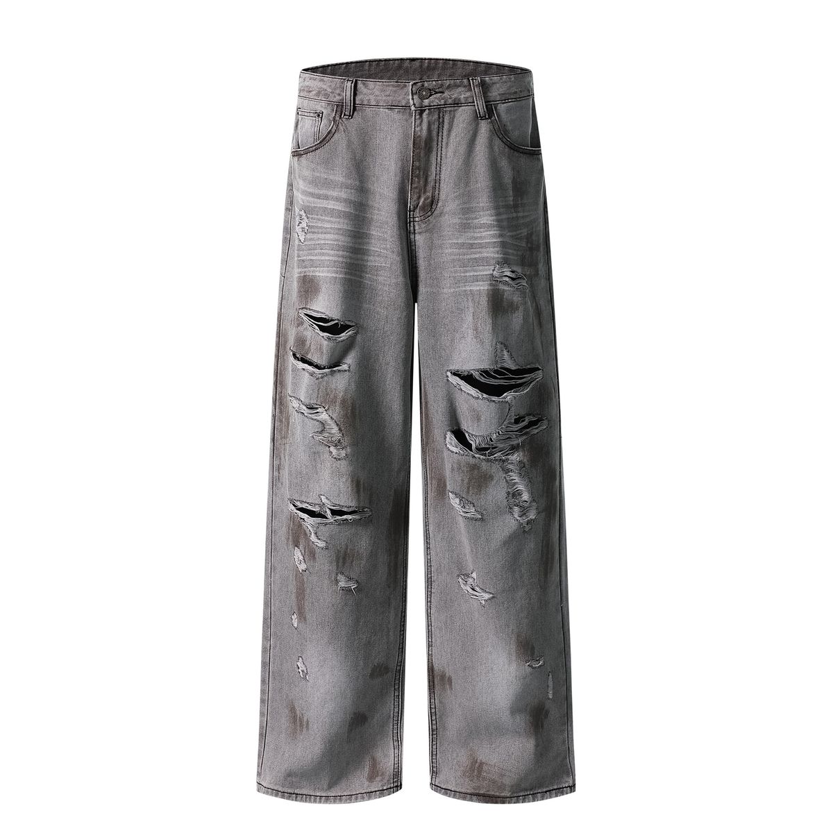 Men's Clothing New Heavy Duty European And American Ripped Cat Whisker Washed Graffiti Jeans Men's Trendy High Street Hip Hop Straight Trousers_mkmklike.com