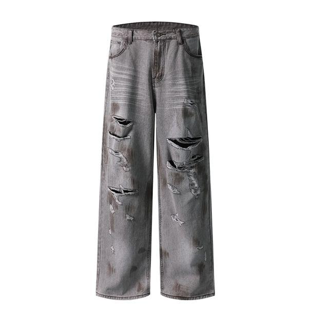 Men's Clothing New Heavy Duty European And American Ripped Cat Whisker Washed Graffiti Jeans Men's Trendy High Street Hip Hop Straight Trousers_mkmklike.com