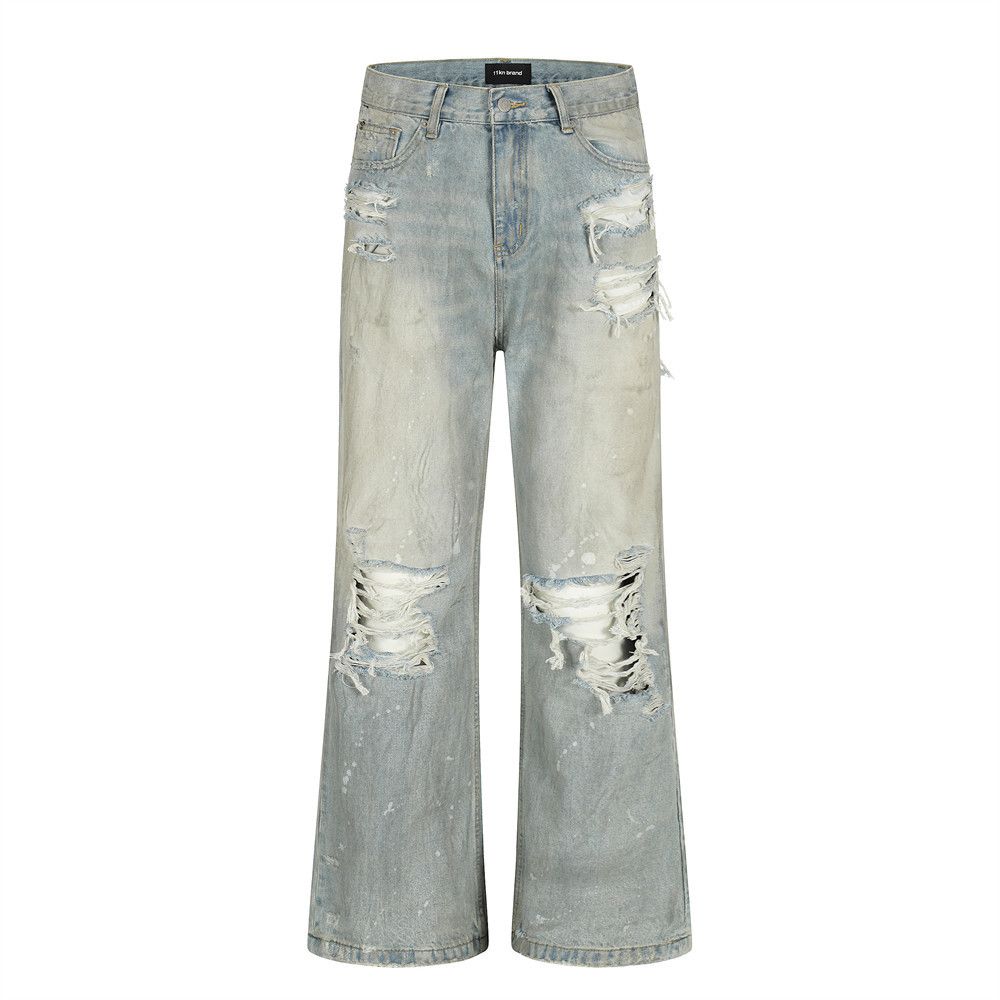 American Heavy Washed Vintage Ripped Knee Jeans Flared Street Style Loose Men's Casual Long Pants_mkmklike.com