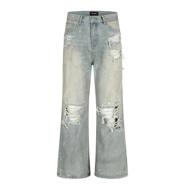 American Heavy Washed Vintage Ripped Knee Jeans Flared Street Style Loose Men's Casual Long Pants_mkmklike.com