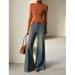 Women's Clothing Retro Washed Blue Denim Jeans Slim Fit Flared Pants Wide Leg Floor Length Autumn Fashionable Style_mkmklike.com