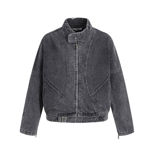 Jiayiku Trendy Brand 2025 Spring And Autumn New American Washed Water Design Denim Jacket Motorcycle Coat_mkmklike.com