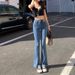 Women's Retro High-Waisted Stretch Slim Fit Flared Jeans Korean Style Straight Leg with Slit And Flowing Drape_mkmklike.com