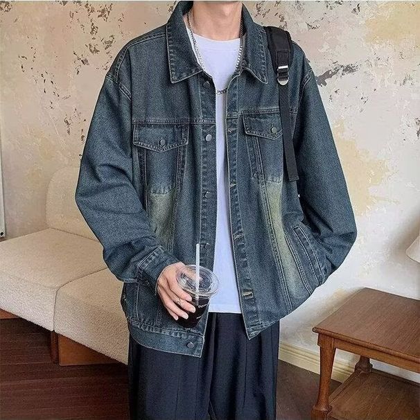 Blue American Denim Men's Autumn Lapel Workwear Jacket Trendy Brand Couple Casual Wear_mkmklike.com