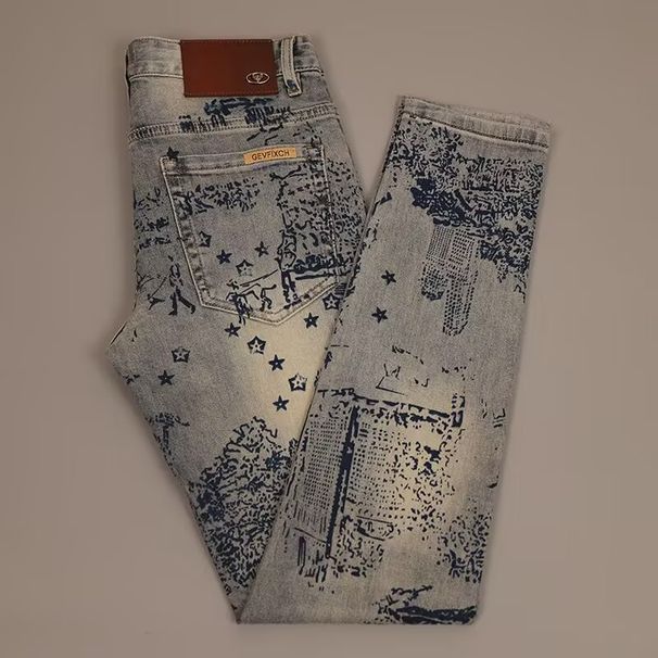 Men's Slim Straight Fit Jeans Mid-Rise Casual Pants Vintage Print Washed Denim Blue-Grey 28-36 Sizes for Fall Winter_mkmklike.com