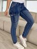K Women's Fashionable Low-Waist High-Elastic Denim Jeans With Side Pockets And Gathered Details For A Slimming And Trendy Office Look_mkmklike.com
