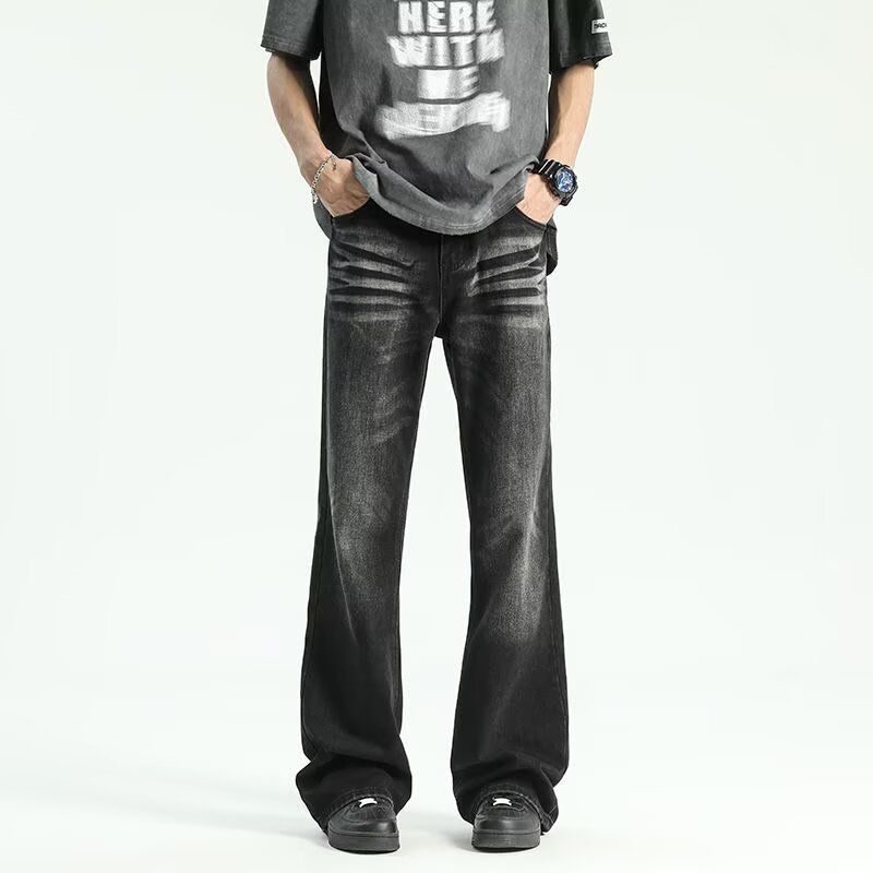 Men's Clothing High Street Vibe Style Black And Gray Retro Washed Cat Whisker Flared Jeans Men's Loose Straight Slim Pants_mkmklike.com
