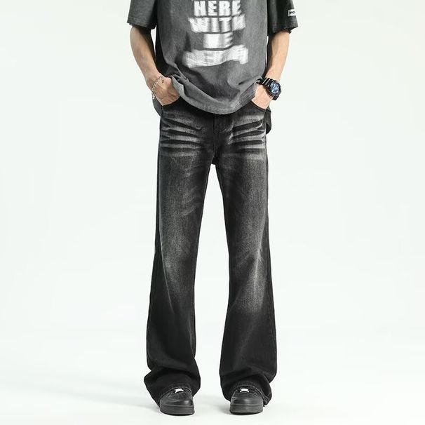 Men's Clothing High Street Vibe Style Black And Gray Retro Washed Cat Whisker Flared Jeans Men's Loose Straight Slim Pants_mkmklike.com