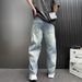 Men's Light Blue Straight Leg Loose Fit Jeans High Street Style Fashion Retro Elastic Waistband Trendy Versatile_mkmklike.com