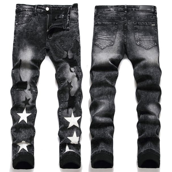 AMI Slim Fit Black Cotton Stretch Embroidered Leather Patch Distressed Star Fashion Men's Jeans_mkmklike.com
