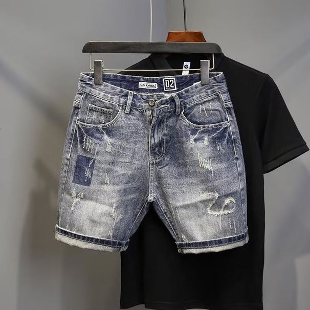 Men's Clothing Ripped Denim Shorts Summer Thin Print Scraped Slim Fit Mid Length Pants Versatile Trendy Five Point Pants_mkmklike.com