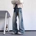 Retro Washed Distressed Patchwork Jeans For Men Loose Straight Wide Leg Trendy Floor Length High Street Style_mkmklike.com