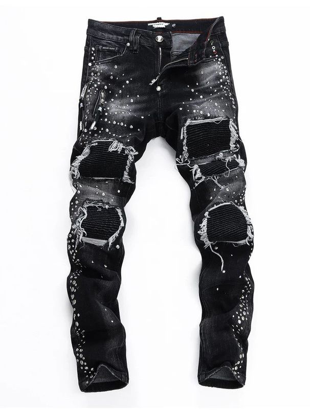 Streetwear Distressed Jeans – Studded Slim-Fit Denim Pants (Men's High-Street Fashion)_mkmklike.com