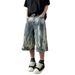 American Washed Flame Patterned Tied Denim Cropped 2025 Straight Loose Over Knee Casual Wide Leg Pants_mkmklike.com