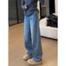 Clair Clair Blue Scimitar Spliced Jeans 2025 Autumn New High Waist Slimming Wide Leg Long Pants With Fleece For Plus Size Women_mkmklike.com