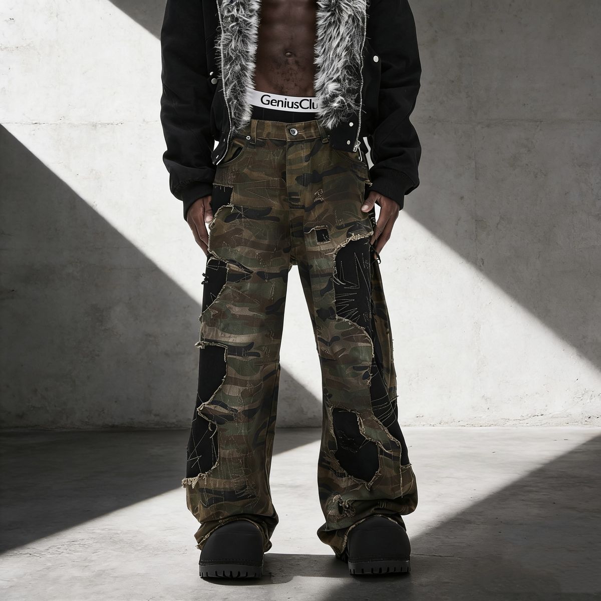 Men's Camo Print Distressed Jeans – Streetwear Straight-Leg Denim With Hand-Painted Details | Loose Fit & Low-Rise Design_mkmklike.com