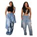 Stretch Denim Jeans Women's Straight Leg Ripped Casual Pants - Mid Waist Comfort Fit With Sand Wash Finish (Light Blue)_mkmklike.com