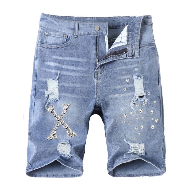 Laike Men's Stretch Denim Shorts Mid-Length Ripped Rhinestone American Trend Five Point Cross Border Summer Thin Pants_mkmklike.com
